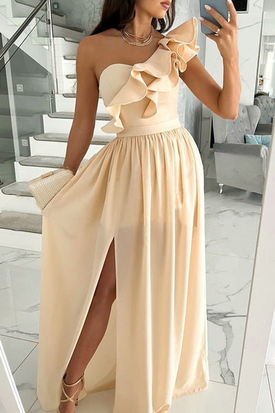 Elegant Long Party Dress with Ruffles and One Shoulder