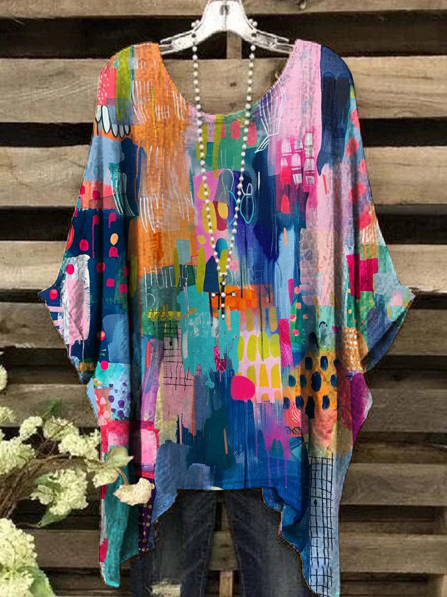 Maria - Vintage-Style Geometric Print Crew Neck Top