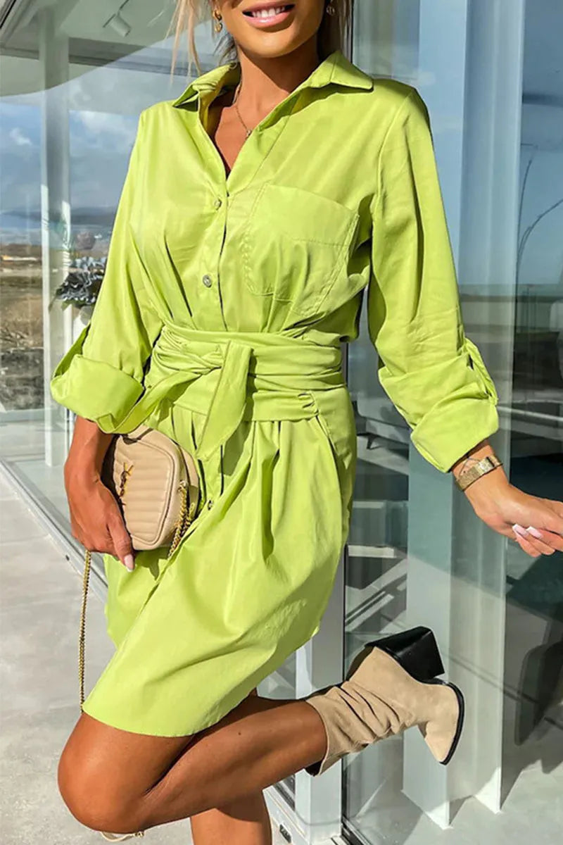 Daniela - Casual Simplicity Solid Pocket Shirt Kragen Shirt Kleid Kleider