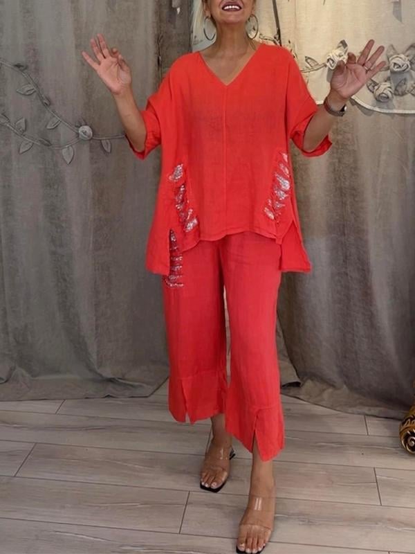 Women's summer two-piece set with a loose V-neck blouse and loose pants