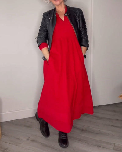 Elegant long dress with a V-neckline and long sleeves