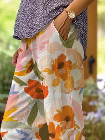 Gina - Casual Floral Painting Pocket Stitching Straight Shorts