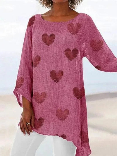 Colette - Women's cotton and linen T-shirt with heart print and round neck
