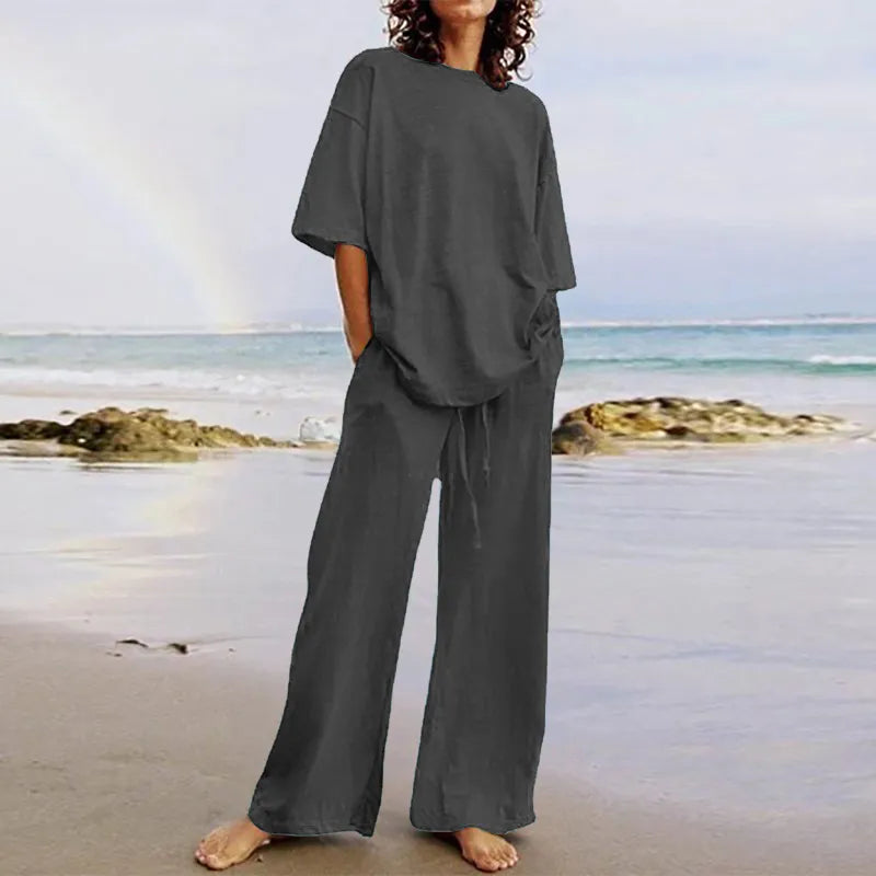 Frida - Casual Set with Belt and Pockets, Half-Sleeve Round Neck Top and Wide-Leg Pants