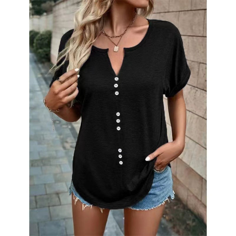 Aida - Fashion Button Lace 3/4 Sleeve V Neck Shirts Tops