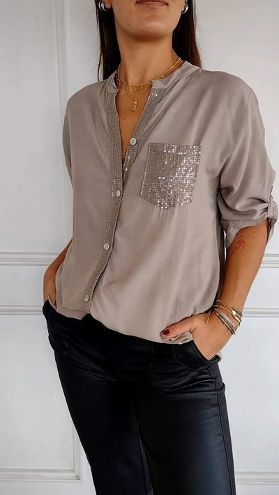Malena - Cotton Leisure Top with V-Neck and Sequins and Mid-Length Sleeves