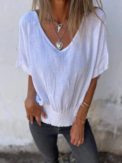 Jessica - Cotton and linen V-neck top with gathered hem