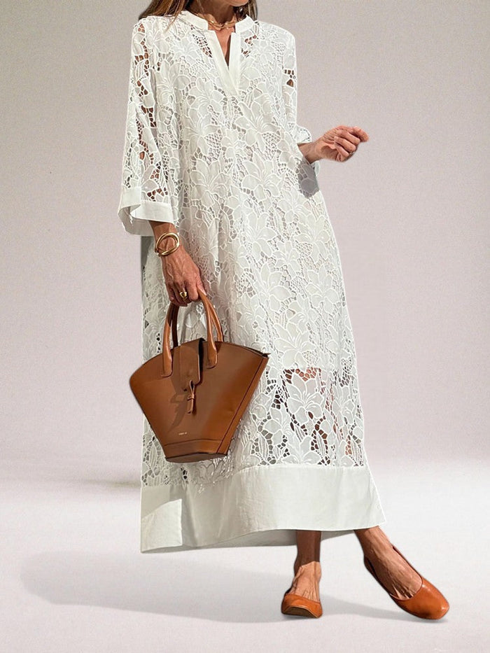 Elegant long dress with classic-inspired openwork details