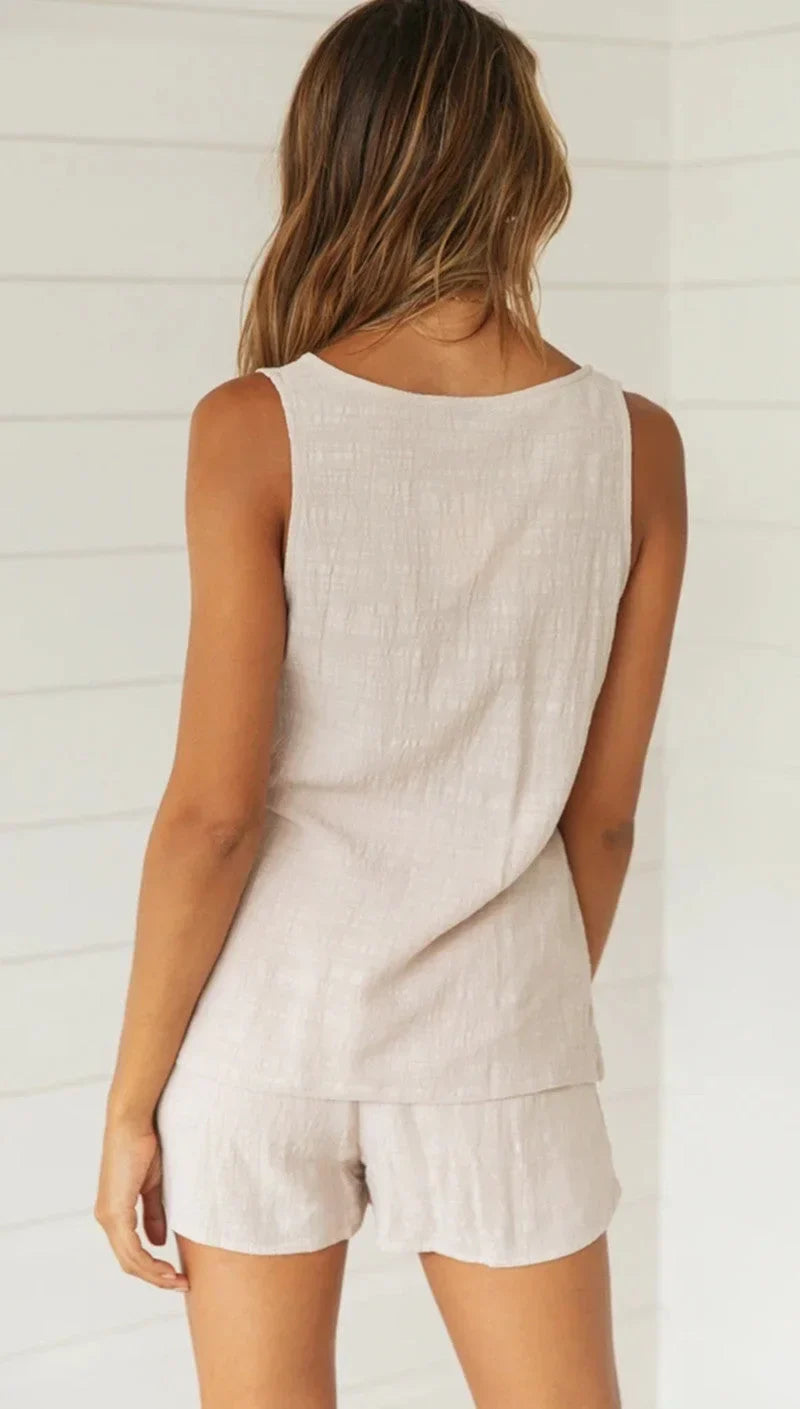 Lucia - Button-down top and beige shorts set