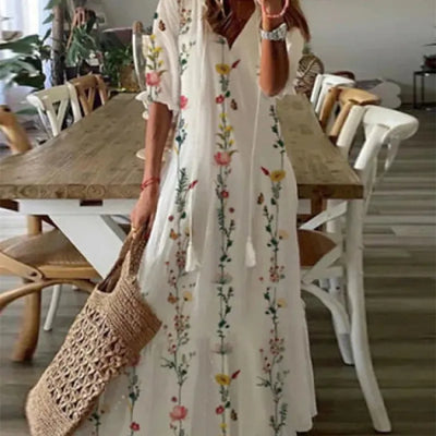 Delia - Women's Dresses Long V-neck Half Sleeve Dress with Beard Print