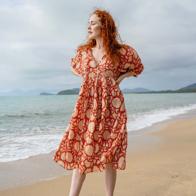 Floral print summer midi dress with three-quarter sleeves