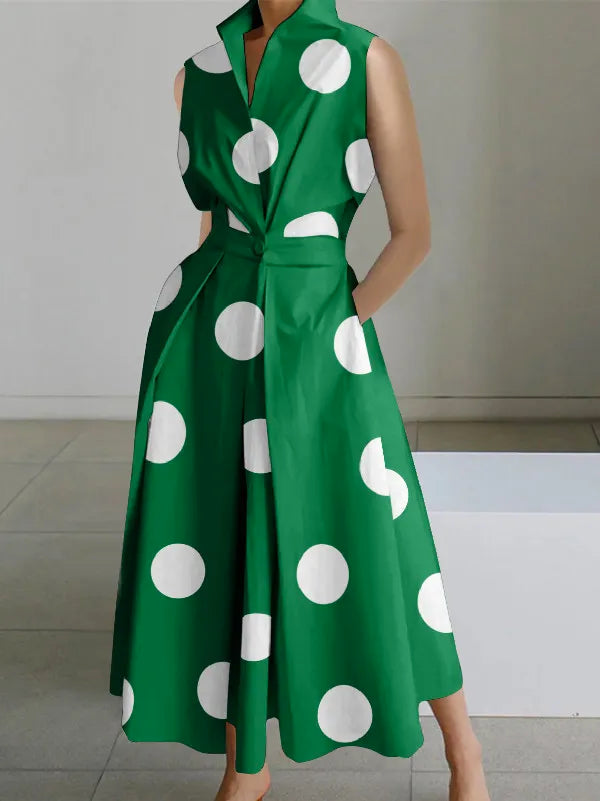 Irina - Sleeveless midi dresses with polka dot lapels