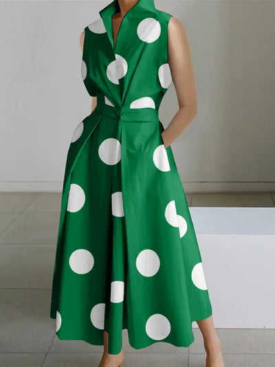 Irina - Sleeveless midi dresses with polka dot lapels