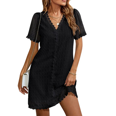 Camila - Women's V-Neck Lace Patchwork Half Sleeve Dress - Casual Style