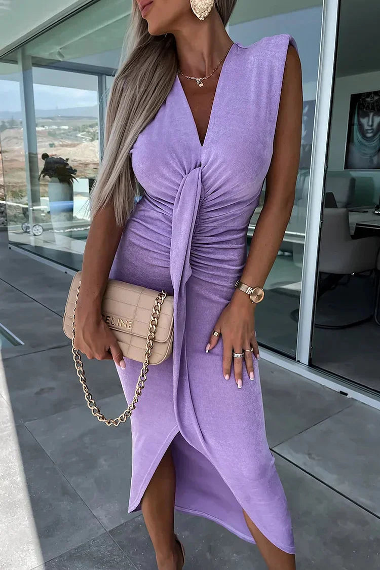 Elegant midi dress with an asymmetrical skirt and V-neckline, ideal for special occasions