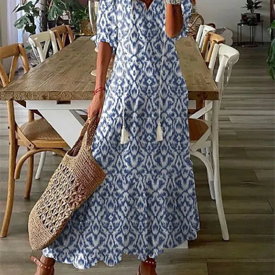 Delia - Women's Dresses Long V-neck Half Sleeve Dress with Beard Print