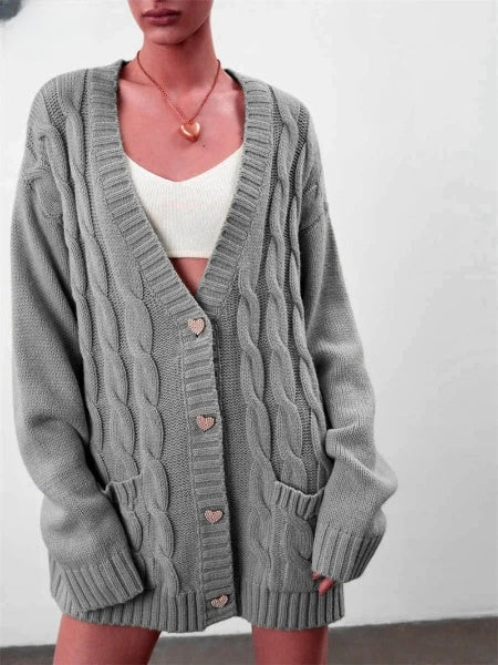 Women's Oversized Cardigan with Heart Buttons: Warm Knitted Sweater for Fall and Winter