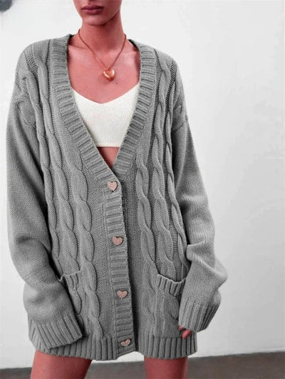 Women's Oversized Cardigan with Heart Buttons: Warm Knitted Sweater for Fall and Winter