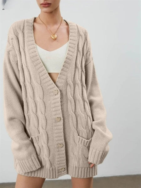 Women's Oversized Cardigan with Heart Buttons: Warm Knitted Sweater for Fall and Winter