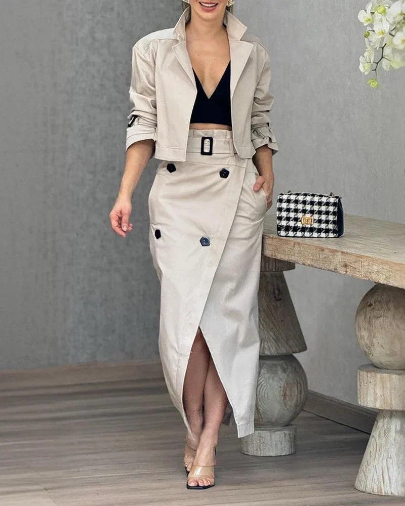 Two-piece set with long-sleeved lapel jacket and solid-color midi skirt