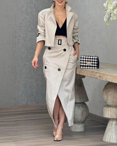 Two-piece set with long-sleeved lapel jacket and solid-color midi skirt