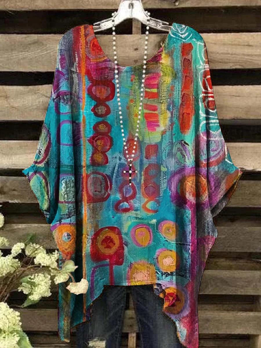 Maria - Vintage-Style Geometric Print Crew Neck Top