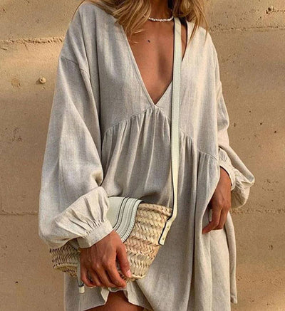Virginia - Casual V-neck dress with pleated lantern sleeves