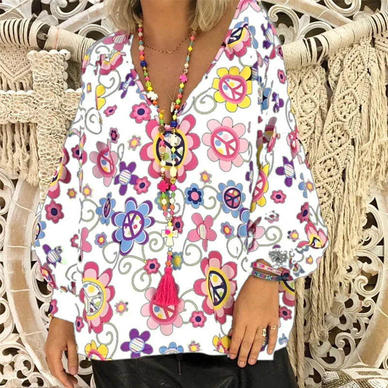 Abstract print button-down shirt with V-neck
