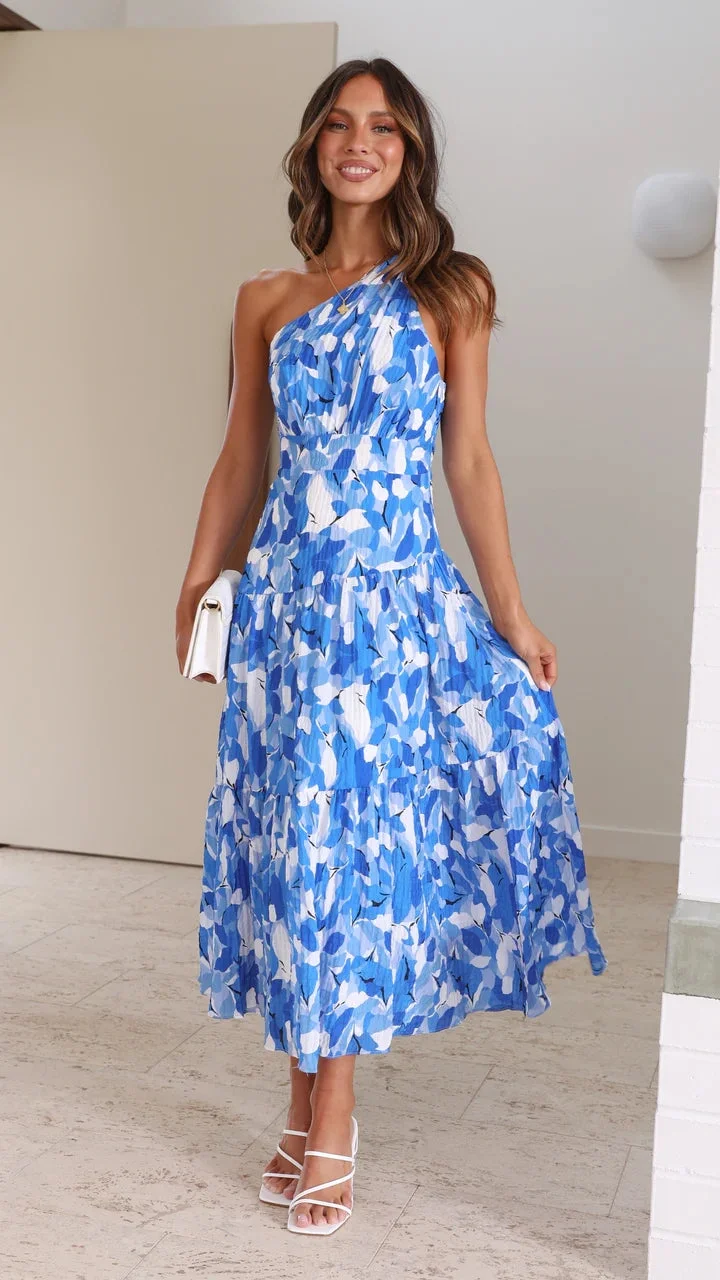Vanessa - Blue One Shoulder Floral Midi Dress