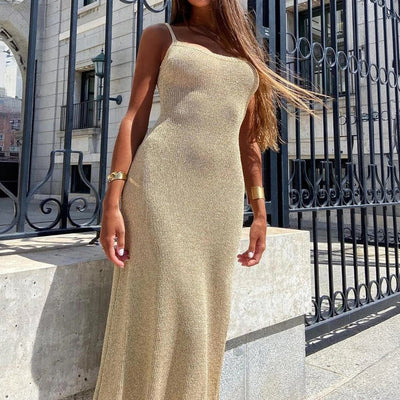 Long minimalist dress with thin straps and crossover back detail