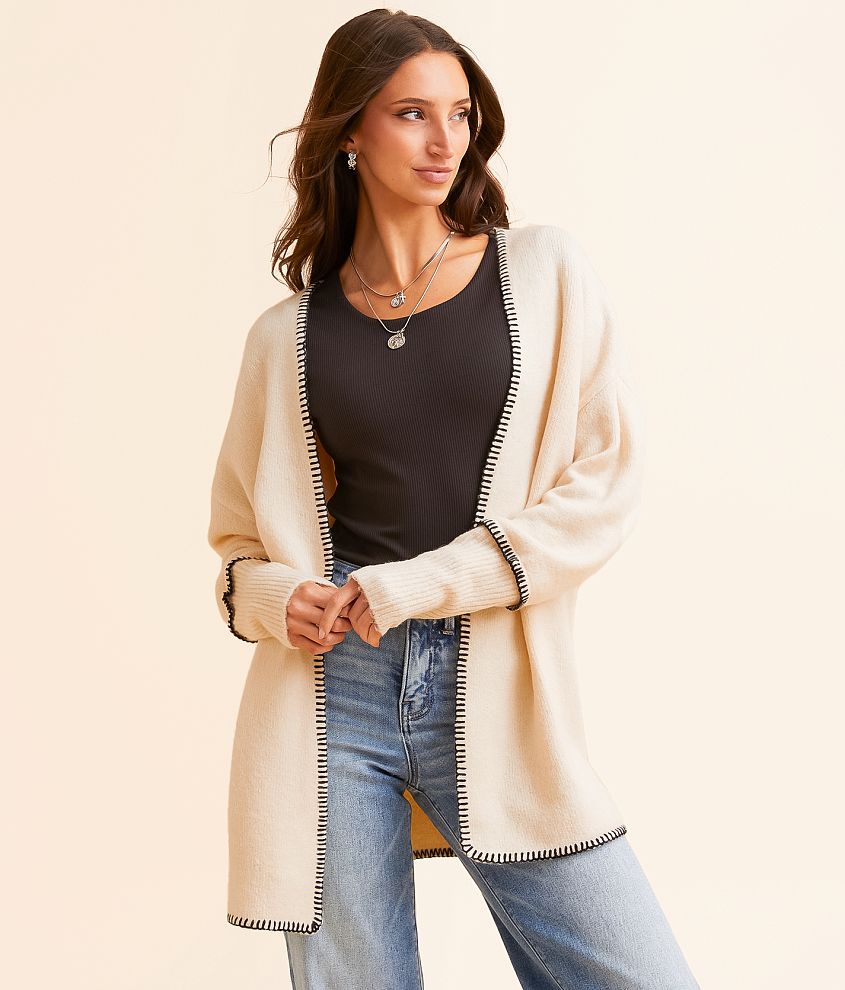 Open Front Cardigan with Scallop Stitch Detail – Elegant Sweater for Women