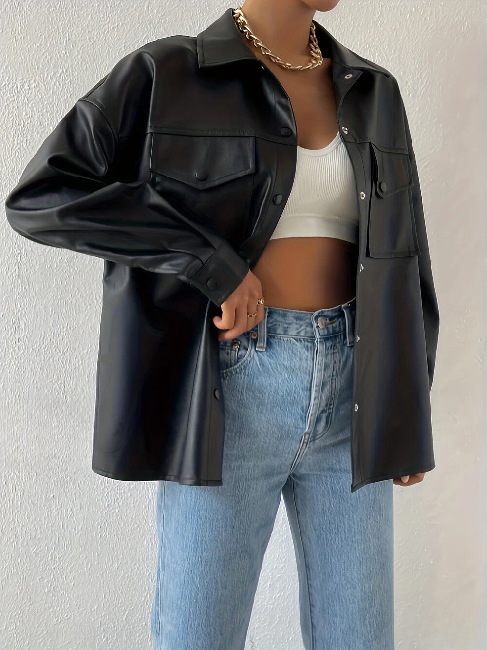 Women's Urban Style Button Front Biker Jacket - Long Sleeve Design