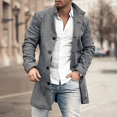 Men's Classic Mid-Length Coat with Lapel and Buttons – Ideal for Work