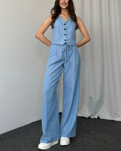 Emma - Solid Color Casual Vest Two-Piece Set