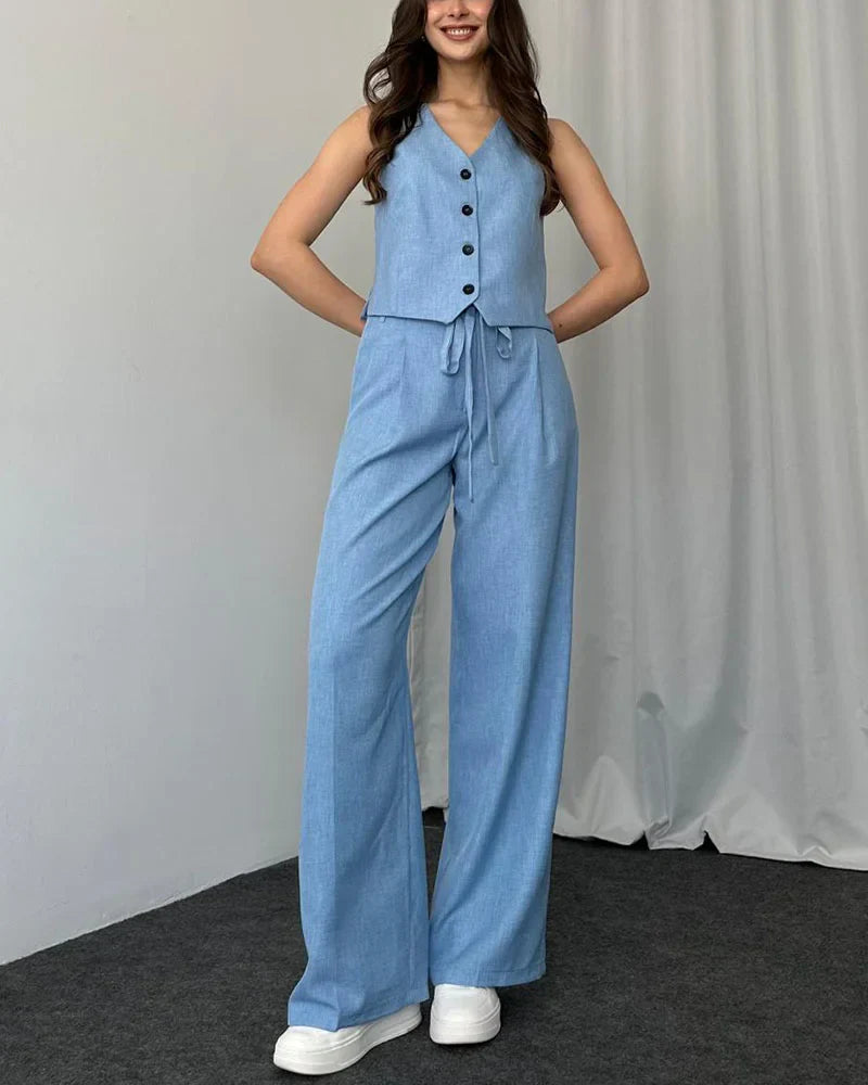 Helena - Solid color casual vest two-piece set.
