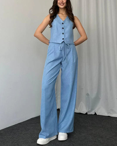 Helena - Solid color casual vest two-piece set.