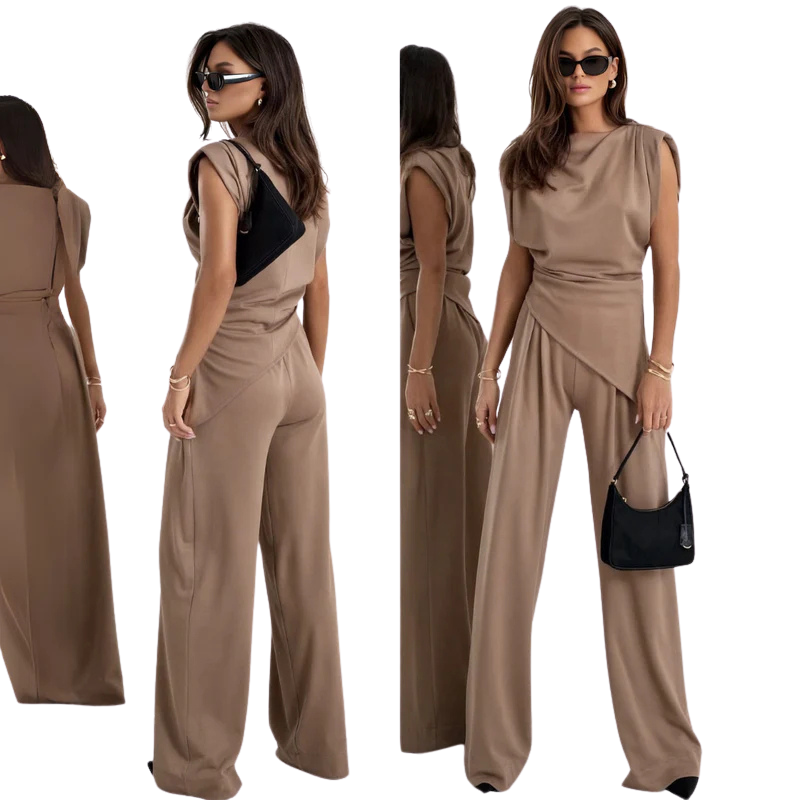 Women's casual set with asymmetrical blouse and wide-leg pants