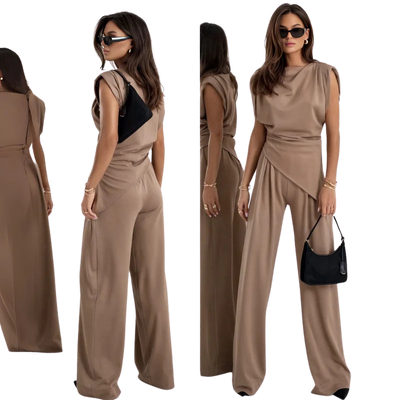 Women's casual set with asymmetrical blouse and wide-leg pants