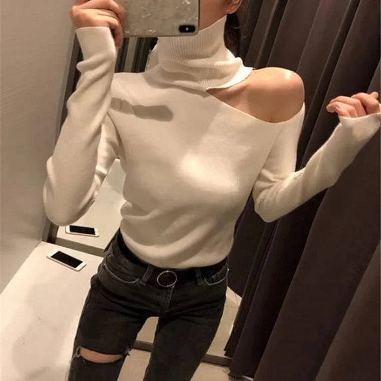 Elegant Off-the-Shoulder Knitted Sweater for Women – Long-Sleeved Turtleneck Pullover