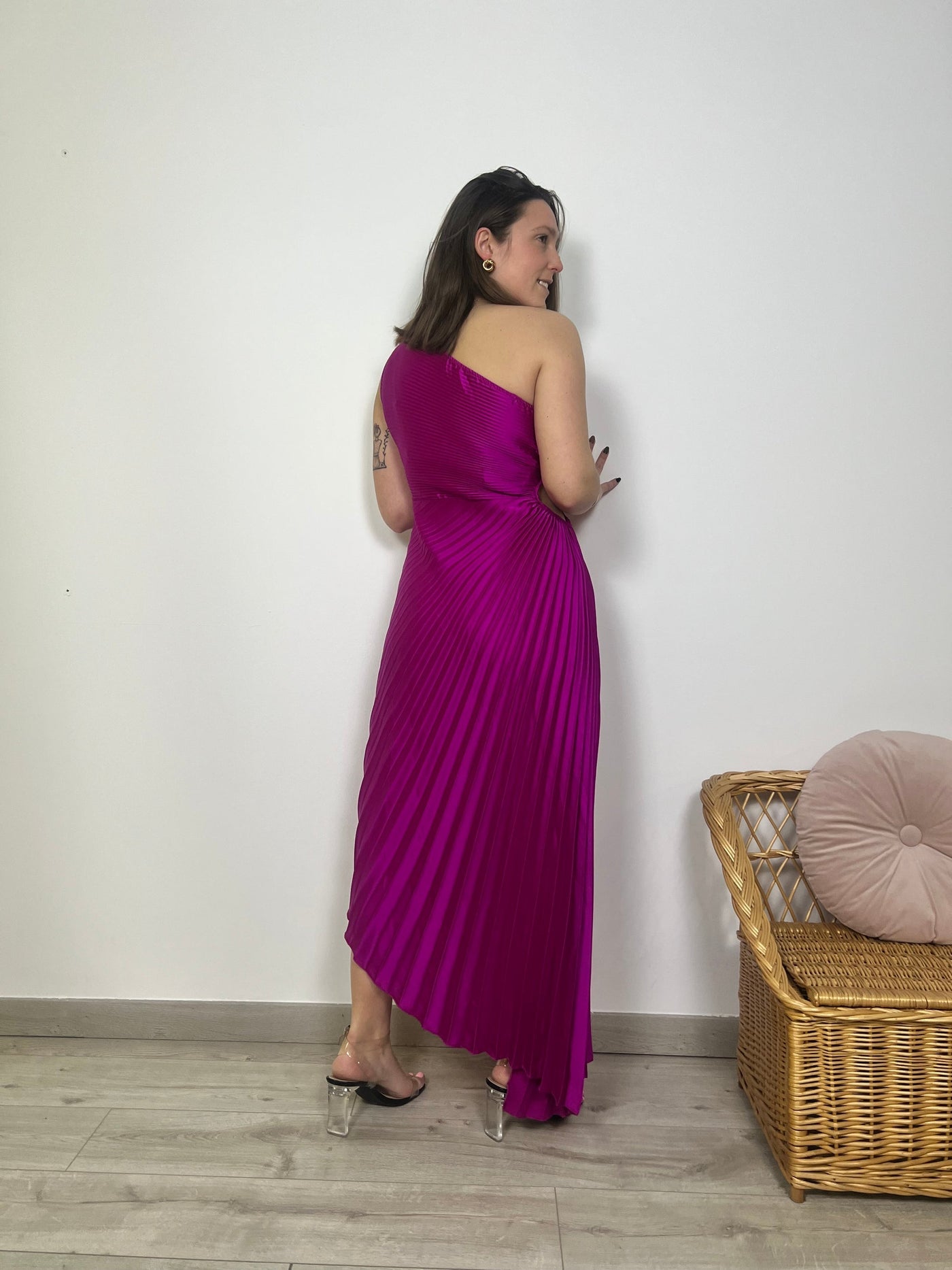 Long pleated one-shoulder dress for elegant events