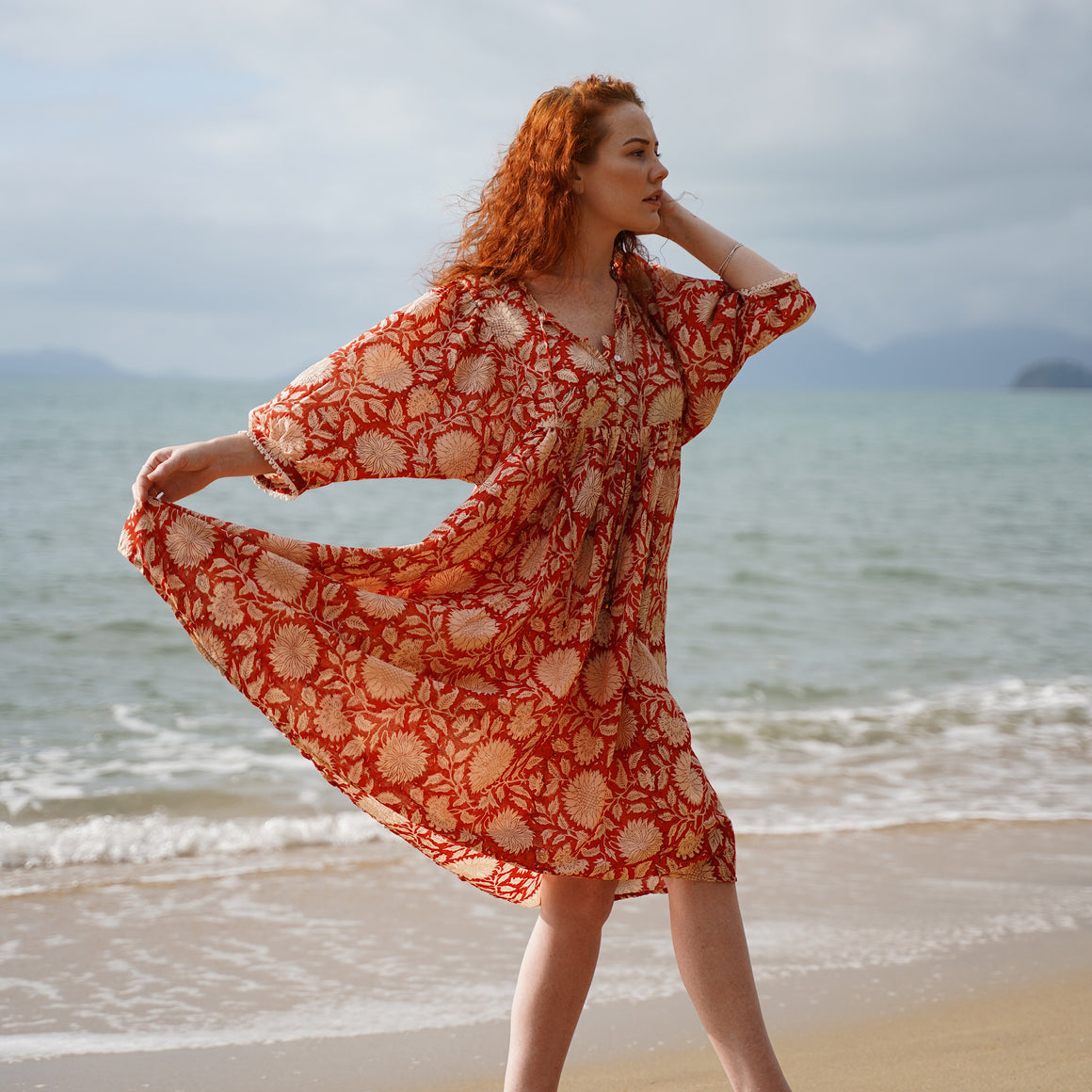 Floral print summer midi dress with three-quarter sleeves