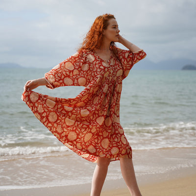 Floral print summer midi dress with three-quarter sleeves