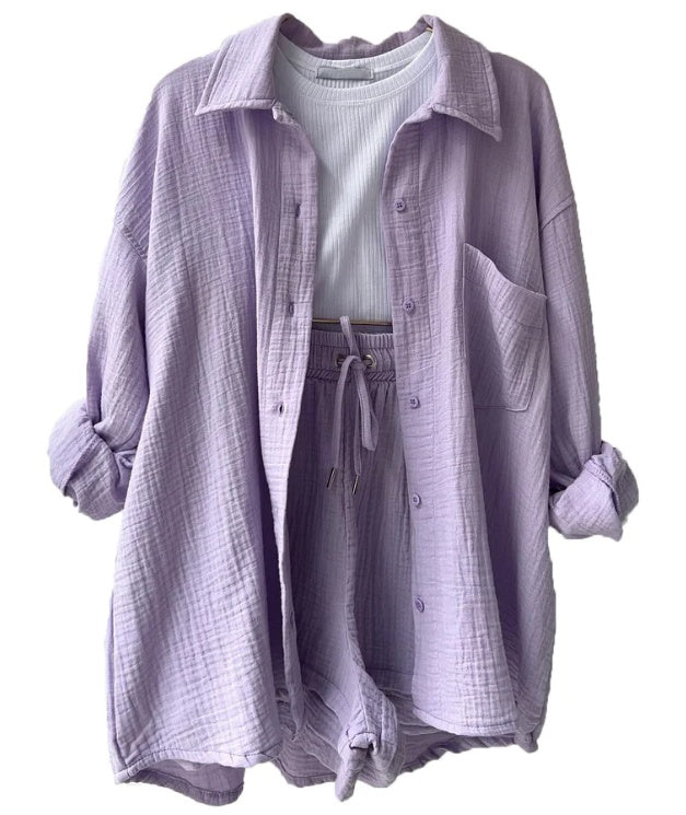 Women's summer set of flowing button-down shirt and matching shorts