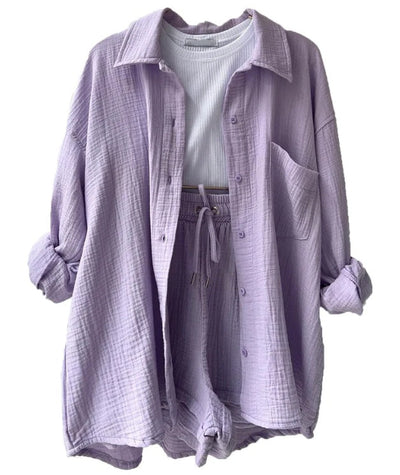 Women's summer set of flowing button-down shirt and matching shorts
