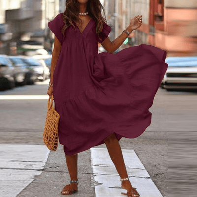 Amalie - Women's 100% Cotton V-Neck Loose Casual Plain Dress