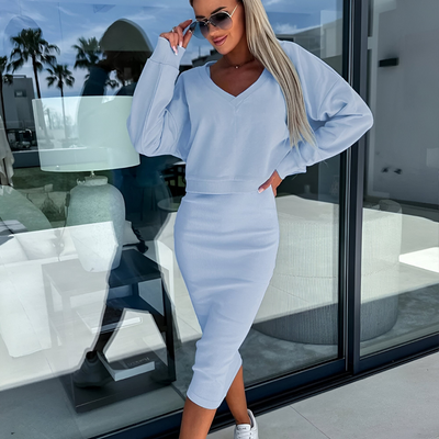 Long-sleeved top and fitted midi skirt set for everyday style