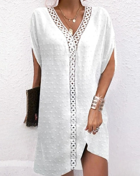 Rebecca - Elegant Casual V-Neck Dress with Delicate Lace Patch and Half Sleeves