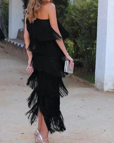 Elegant one-shoulder design fringe long midi dress