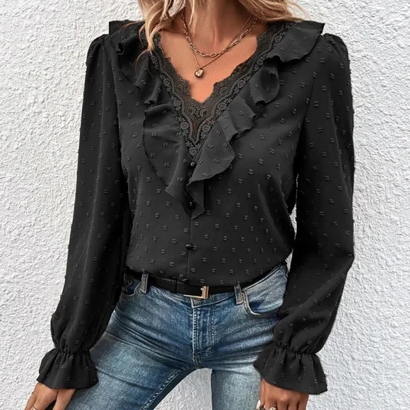 Micaela Boho Blouse with Swiss Polka Dots and Ruffled Lace