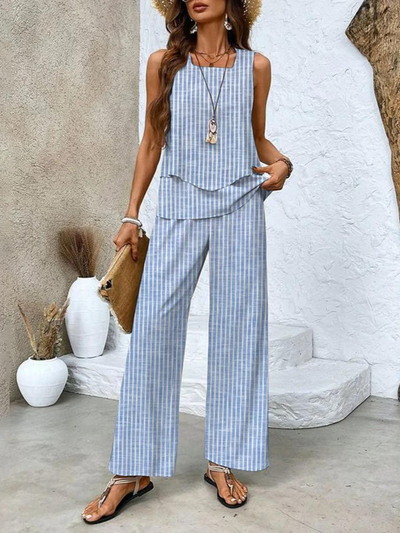 Elegant summer set for women with a sleeveless blouse and wide-legged pants